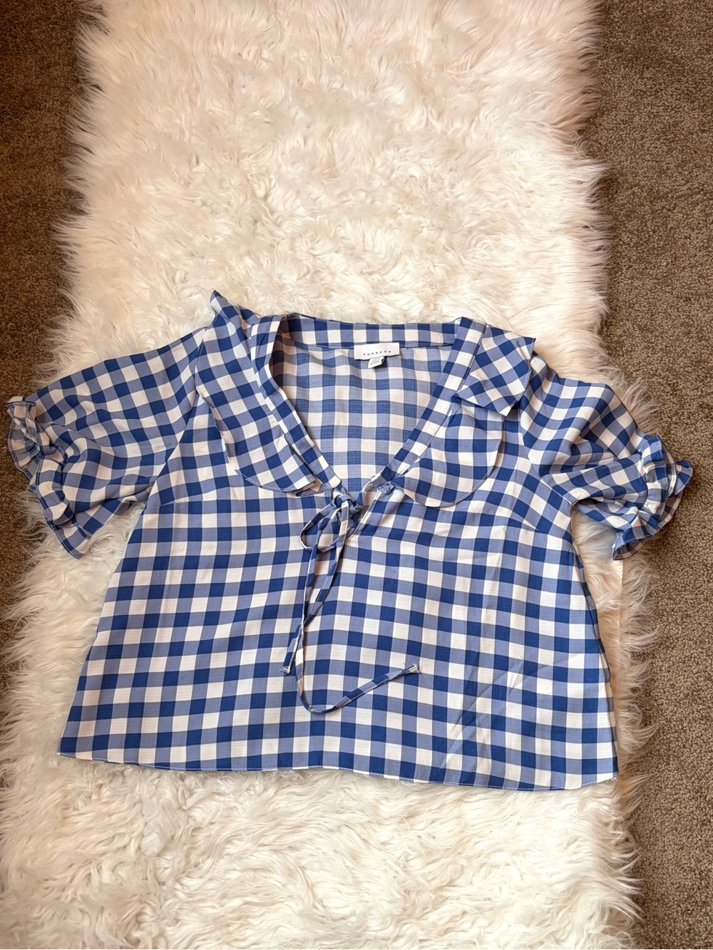 Blue and White Gingham Tie-Front Blouse